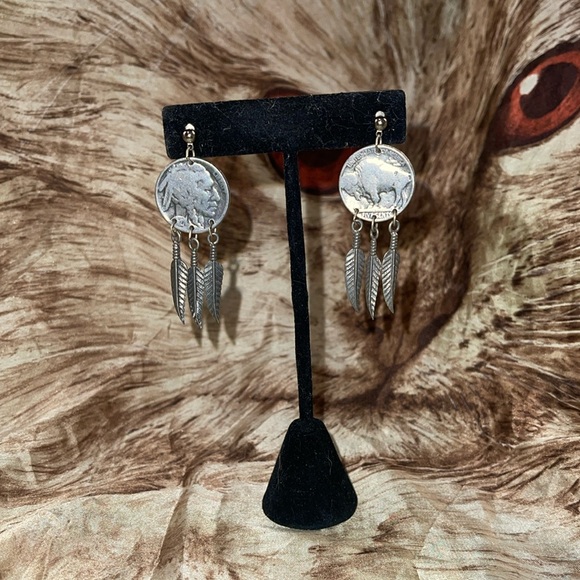 Buffalo Nickel design with feathers Jewelry - Buffalo Nickel-designed Silver Coin Dangle Earrings with feathers (Native-like)